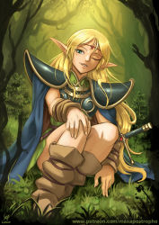Rule 34 | 1girl, armor, blonde hair, boots, cape, deedlit, elf, fantasy, forest, grass, green eyes, hand on own knee, hilt, long hair, maxa&#039;, nature, one eye closed, patreon username, pauldrons, pointy ears, record of lodoss war, shoulder armor, sitting, smile, solo, sword, tree, weapon