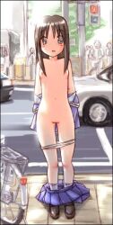 Rule 34 | 1girl, artist request, azumanga daiou, bicycle, blue shirt, blue skirt, blush stickers, breasts, brown eyes, brown footwear, brown hair, car, city, clothes pull, kasuga ayumu, loafers, long hair, motor vehicle, navel, nipples, off shoulder, outdoors, panties, panty pull, public indecency, public nudity, pussy, road, sailor collar, school uniform, serafuku, shirt, shirt pull, shoes, sidewalk, skirt, skirt pull, small breasts, smile, solo, standing, street, underwear, undressing, utility pole, white panties, white sailor collar