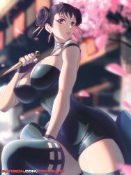Rule 34 | 1girl, absurdres, bare arms, bare shoulders, black gloves, black thighhighs, blurry, blurry background, breasts, brown eyes, brown hair, capcom, chun-li, cityscape, cleavage, commentary, cosplay, dagger, double bun, fingerless gloves, gloves, hair bun, high heels, highres, holding, holding dagger, holding knife, holding weapon, knife, large breasts, looking at viewer, opalis, short hair, solo, spy x family, standing, standing on one leg, street fighter, thick thighs, thighhighs, thighs, twisted torso, underwear, weapon, yor briar, yor briar (cosplay)