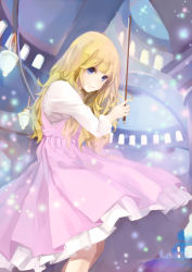 Rule 34 | 1girl, abstract background, absurdres, blonde hair, blue eyes, closed mouth, dress, highres, holding, instrument, keko (artist), long hair, long sleeves, looking at viewer, miyazono kawori, music, pink dress, playing instrument, shigatsu wa kimi no uso, smile, solo, standing, two-tone dress, upper body, violin