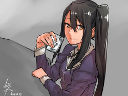Rule 34 | 10s, 1girl, baffu, black hair, brown eyes, dated, glass, highres, kantai collection, long hair, long sleeves, looking at viewer, nachi (kancolle), puffy sleeves, side ponytail, signature, smile, solo