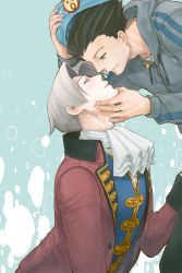 Rule 34 | 2boys, ace attorney, ascot, black hair, chizuma, coat, grey hair, hand on another&#039;s face, hand on headwear, imminent kiss, jacket, long sleeves, male focus, miles edgeworth, multiple boys, parted lips, phoenix wright, red coat, removing hat, smile, white ascot, yaoi