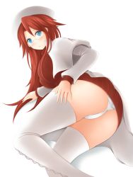 Rule 34 | 1girl, ass, aty, aty (summon night), azuki (azki0214dai z), bad id, bad pixiv id, blue eyes, blush, boots, cameltoe, dress, glasses, hat, highres, long hair, looking at viewer, lying, on side, panties, red hair, shadow, simple background, solo, summon night, summon night 3, sweater, sweater dress, thigh boots, thighhighs, underwear, white background, white panties