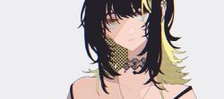 Rule 34 | 1girl, :o, bare shoulders, black hair, blonde hair, choker, collarbone, dameyanke, ear piercing, empty eyes, expressionless, floating hair, grey background, halftone texture, idolmaster, idolmaster shiny colors, ikaruga luca, lace-trimmed choker, lace trim, looking at viewer, multicolored hair, piercing, portrait, shaded face, sidelocks, simple background, solo, strap slip