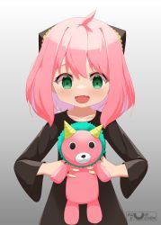 Rule 34 | 1girl, absurdres, ahoge, anya (spy x family), baum (kfxh3544), black dress, child, director chimera (spy x family), dress, fang, green eyes, grey background, hair ornament, highres, holding, open mouth, pink hair, short hair, simple background, smile, solo, spy x family, stuffed toy, upper body