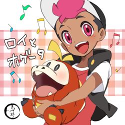 Rule 34 | 1boy, :d, black headwear, commentary request, creatures (company), fuecoco, game freak, hat, holding, holding pokemon, jacket, kimiori (yuapple241), male focus, musical note, nintendo, open clothes, open jacket, open mouth, pink eyes, pink hair, pokemon, pokemon (anime), pokemon (creature), pokemon horizons, roy (pokemon), shirt, short hair, smile, tongue, upper body