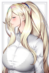 Rule 34 | absurdres, blonde hair, bra visible through clothes, breasts, collar, commentary, green eyes, highres, kantai collection, kome cola, large breasts, long hair, long neck, mole, mole under eye, office lady, ponytail, rainbow hair shine, richelieu (kancolle), see-through, shirt, sidelocks, wet, wet clothes, wet shirt, white shirt