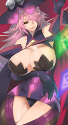 Rule 34 | 1girl, bare shoulders, black sclera, blazblue, blazblue: central fiction, breast hold, breasts, cleavage, colored sclera, curvy, detached sleeves, dress, covered erect nipples, female focus, gloves, hair over one eye, hat, huge breasts, jerun, konoe a. mercury, large breasts, long hair, looking at viewer, magic, panties, pantyshot, phantom (blazblue), pink hair, smirk, solo, thighhighs, underwear, wide hips, witch hat, yellow eyes