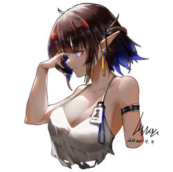 Rule 34 | 1girl, arknights, arm strap, bare shoulders, black hair, blue eyes, blue hair, blunt bangs, breasts, cleavage, collarbone, crop top, cropped torso, dated, earrings, eunectes (arknights), eunectes (forgemaster) (arknights), gradient hair, highres, jewelry, large breasts, liuyun baihua, multicolored hair, official alternate costume, parted lips, pointy ears, signature, simple background, sleeveless, solo, upper body, white background