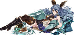 Rule 34 | 10s, 1girl, animal ears, black gloves, black thighhighs, blue hair, blue skirt, boots, breasts, brown eyes, cape, cat ears, claws, dog, dress, erune, ferry (granblue fantasy), gloves, granblue fantasy, high heels, leaning, leaning back, long hair, looking at viewer, rabbit ears, ruisento, sideboob, simple background, skirt, smile, solo, thighhighs, wavy hair, white background, zettai ryouiki