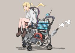 Rule 34 | 1girl, android, blonde hair, boots, cable, engine, gatling santouhei, green eyes, highres, hood, hoodie, industrial pipe, long hair, original, ponytail, shopping cart, short shorts, shorts, simple background, sitting, solo