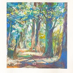 Rule 34 | dappled sunlight, day, forest, mimoth, nature, no humans, original, painting (medium), scenery, shadow, sunlight, traditional media, tree, tree shade