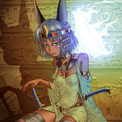 Rule 34 | 1girl, :|, alternate costume, animal ears, ankh, armlet, bandaged leg, baraizo, belt, breasts, closed mouth, cross, cross necklace, dark skin, detached sleeves, egyptian, egyptian clothes, expressionless, eye of horus, glowing, green eyes, grey hair, headdress, hieroglyphics, hieroglyphs, indoors, jewelry, konpaku youmu, konpaku youmu (ghost), looking at viewer, lots of jewelry, neck ring, necklace, revealing clothes, shadow, short hair, silhouette, sitting, small breasts, sword, tiara, touhou, wall, weapon