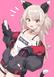 Rule 34 | 1girl, :d, animal ears, black choker, black jacket, blue shorts, breasts, cat ears, cat girl, cat tail, cellphone, choker, cropped shirt, fang, hand in pocket, highres, jacket, light brown hair, long hair, long sleeves, looking at viewer, midriff, navel, off-shoulder shirt, off shoulder, open clothes, open jacket, open mouth, original, partially unzipped, paw print, phone, pink background, pink eyes, shirt, shorts, simple background, skin fang, small breasts, smartphone, smile, tail, thigh strap, ug (nekonekodou), white shirt