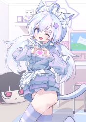 Rule 34 | 1girl, absurdres, ahoge, alternate costume, animal ear fluff, animal ears, ass, blue archive, blush, cat ears, cat tail, cursor, enmaided, hair between eyes, halo, heart, heart hands, highres, indoors, jersey, jersey maid, kazusa (blue archive), long hair, long sleeves, maid, maid headdress, monitor, multicolored hair, one eye closed, open mouth, panties, pink hair, pkan, purple eyes, purple hair, purple halo, purple thighhighs, reisa (blue archive), smile, solo, striped clothes, striped panties, striped thighhighs, tail, thighhighs, twisted torso, unconventional maid, underwear