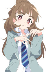 Rule 34 | 1girl, blue necktie, blush, brown hair, closed mouth, commentary, idolmaster, idolmaster cinderella girls, ixy, kamiya nao, long hair, long sleeves, looking at viewer, necktie, red eyes, shirt, solo, striped necktie, striped neckwear, thick eyebrows, white shirt