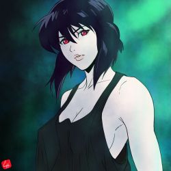 Rule 34 | 1girl, black hair, breasts, chris re5, cleavage, collarbone, covered erect nipples, eyebrows, eyelashes, ghost in the shell, green background, highres, kusanagi motoko, large breasts, parted lips, pink lips, red eyes, sideboob, signature, solo, tank top, upper body
