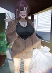 Rule 34 | bag, black bean, black tank top, blush, breasts, cleavage, covered erect nipples, high ponytail, holding, holding bag, hood, hoodie, large breasts, mole, mole under eye, open mouth, original, plant, sidelocks, standing, tank top