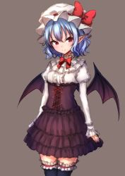 Rule 34 | &gt;:), 1girl, alternate costume, arms at sides, bad id, bad pixiv id, bat wings, black thighhighs, black wings, blue hair, blush, bow, bowtie, bridal garter, center frills, closed mouth, corset, cowboy shot, frills, hat, hat bow, highres, juliet sleeves, junior27016, layered skirt, legs together, long sleeves, looking at viewer, mob cap, puffy sleeves, purple skirt, red bow, red bowtie, red eyes, redd bowtie, remilia scarlet, shirt, short hair, simple background, skirt, solo, standing, thighhighs, touhou, tsurime, v-shaped eyebrows, white hat, white shirt, wings, zettai ryouiki