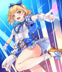 Rule 34 | 10s, 1girl, alternate costume, blonde hair, blue ribbon, blush, breasts, brown eyes, djeeta (granblue fantasy), gloves, granblue fantasy, hair ribbon, hairband, heart, hinata sora, kimi to boku no mirai, leg up, open mouth, outstretched arms, puffy short sleeves, puffy sleeves, ribbon, short hair, short sleeves, skirt, smile, socks, solo, superstar ex (granblue fantasy), teeth, white gloves, white socks