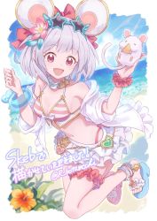 Rule 34 | 1girl, animal, animal ears, ankleband, asymmetrical footwear, beach, bikini, botamochi (exwelder), bracelet, breasts, bridal garter, cheese, choker, cleavage, commission, fake animal ears, flower, food, full body, granblue fantasy, grey hair, hair flower, hair ornament, hairband, hibiscus, holding, holding animal, jacket, jewelry, jumping, looking at viewer, miniskirt, mismatched footwear, mouse (animal), navel, open clothes, open jacket, open mouth, sandals, scrunchie, see-through, see-through jacket, short hair, skeb commission, skirt, small breasts, smile, solo, star-shaped eyewear, star (symbol), striped bikini, striped clothes, sunglasses, swimsuit, thigh scrunchie, vikala (blooming summer wallflower) (granblue fantasy), vikala (granblue fantasy), water, white skirt, wrist scrunchie