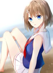 Rule 34 | 1girl, a.a (aa772), bare arms, bare shoulders, barefoot, beach, blue eyes, blue shirt, blurry, blurry background, brown hair, commentary request, depth of field, hair ornament, highres, kantai collection, knees up, looking at viewer, looking to the side, maya (kancolle), neckerchief, parted lips, pleated skirt, red neckerchief, sailor collar, sand, shirt, sitting, skirt, sleeveless, sleeveless shirt, solo, water, white sailor collar, white skirt, x hair ornament