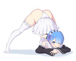 1girl ;o ass blue_eyes blue_hair blunt_bangs butt_crack commentary detached_sleeves english_commentary hair_between_eyes highres jack-o&#039;_challenge kensan long_sleeves looking_at_viewer maid maid_headdress one_eye_closed panties re:zero_kara_hajimeru_isekai_seikatsu rem_(re:zero) short_hair sidelocks simple_background solo thighhighs underwear white_background white_panties white_thighhighs wide_sleeves