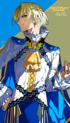 Rule 34 | 1boy, alfred (fire emblem), ascot, blonde hair, blue cape, cape, countdown, fire emblem, fire emblem engage, frilled sleeves, frills, green eyes, hair ornament, hand on own hip, hand up, highres, jewelry, long sleeves, looking at viewer, mika pikazo, nintendo, official art, parted bangs, release date, short hair, smile