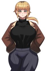 Rule 34 | 1girl, black shirt, blonde hair, blue skirt, blush, bomber jacket, breasts, brown jacket, cowboy shot, fear &amp; hunger, fear &amp; hunger 2: termina, hands in pockets, highres, huge breasts, jacket, karin (fear &amp; hunger), large breasts, looking at viewer, ponytail, shirt, simple background, skirt, solo, standing, turtleneck, white background, yellow eyes, ytrall