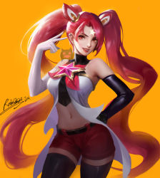 Rule 34 | 1girl, absurdres, alternate costume, alternate hair color, animal ears, asymmetrical gloves, black thighhighs, breasts, cowboy shot, earrings, elbow gloves, facial mark, fake animal ears, gloves, hair ornament, hair over one eye, hand on own hip, highres, jewelry, jinx (league of legends), league of legends, lipstick, long hair, looking at viewer, magical girl, makeup, mismatched gloves, mole, mole under eye, red eyes, red hair, shorts, solo, star (symbol), star facial mark, star guardian (league of legends), star guardian jinx, stomach, stud earrings, thighhighs, twintails, uneven gloves, v, very long hair, yellow background