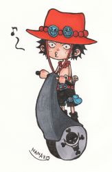 Rule 34 | 1boy, artist name, chibi, freckles, hat, jewelry, male focus, musical note, nanako (skr7k), necklace, one piece, portgas d. ace, topless male, shorts, solo, standing, vehicle, whistle