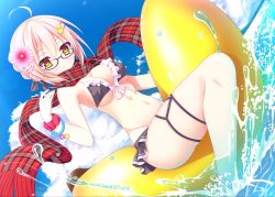 Rule 34 | 1girl, :o, ahoge, anklet, artoria pendragon (fate), bikini, bikini skirt, black-framed eyewear, black bikini, blonde hair, blue scrunchie, blue sky, blush, bracelet, braid, breasts, brown eyes, cleavage, cloud, commentary request, day, dutch angle, fate/grand order, fate (series), flower, frilled bikini, frills, fringe trim, front-tie bikini top, front-tie top, glasses, hair between eyes, hair flower, hair ornament, hairclip, horizon, inflatable toy, jewelry, medium breasts, mysterious heroine x alter (fate), navel, ocean, outdoors, parted lips, pink flower, plaid, plaid scarf, red scarf, scarf, scrunchie, shiwasu horio, sitting, sky, solo, star (symbol), star hair ornament, swimsuit, thighs, water, wrist scrunchie