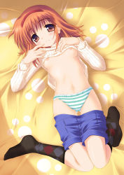 Rule 34 | 1girl, bed, blue panties, blush, breasts, brown eyes, brown hair, clothes lift, clothes pull, hairband, kanon, kouzuki hajime, lying, nipples, no bra, on back, panties, pants, pants pull, shirt lift, shorts, shorts pull, small breasts, socks, solo, striped clothes, striped panties, thigh gap, thighs, tsukimiya ayu, underwear
