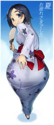 Rule 34 | 10s, 1girl, alternate costume, ass, black hair, breasts, eyebrows, floral print, hair ornament, hairclip, hand fan, hand on own ass, japanese clothes, kantai collection, kimono, kuroshio (kancolle), long sleeves, looking at viewer, looking back, pantylines, paper fan, short hair, small breasts, smile, solo, taketora suzume, thick eyebrows, translation request, uchiwa, yukata
