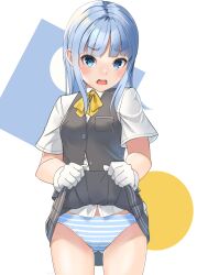 Rule 34 | 1girl, ascot, blue eyes, blue hair, breast pocket, breasts, cameltoe, clothes lift, cowboy shot, gloves, gluteal fold, grey skirt, grey vest, hatsukaze (kancolle), highres, hime cut, kantai collection, lifted by self, makiyuki, miniskirt, panties, pleated skirt, pocket, school uniform, shirt, short sleeves, skirt, skirt lift, small breasts, solo, standing, striped clothes, striped panties, underwear, vest, white gloves, white shirt, yellow ascot