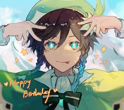 Rule 34 | 1boy, absurdres, aqua eyes, aqua hair, beret, black bow, black bowtie, black hair, bow, bowtie, braid, capelet, double v, flower, frilled sleeves, frills, genshin impact, gradient hair, green capelet, green hat, happy birthday, hat, hat flower, highres, hoshino ai&#039;s pose, looking at viewer, low twin braids, male focus, multicolored hair, oshi no ko, portrait, shirt, solo, twin braids, v, venti (genshin impact), wfleow, white shirt