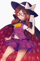 Rule 34 | absurdres, borland 003, bow, brown eyes, brown hair, cloak, fedora, glasses, gloves, hat, highres, holding, holding phone, looking at viewer, phone, purple shirt, purple skirt, red-framed eyewear, shirt, short sleeves, skirt, smile, touhou, twintails, usami sumireko, white bow, white sleeves
