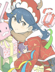 Rule 34 | 1girl, ahoge, akebono (kancolle), antlers, bell, black hair, brown eyes, cannon, character doll, coat, gift, hair bell, hair ornament, horns, kantai collection, long hair, ninimo nimo, official alternate costume, red coat, red headwear, reindeer antlers, solo, turret, ushio (kancolle)