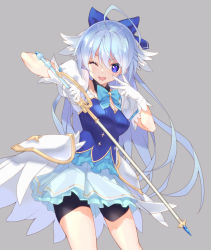 Rule 34 | 1girl, ahoge, bike shorts, black shorts, blue bow, blue dress, blue eyes, blue hair, bow, bowtie, commentary, cowboy shot, dress, gloves, grey background, hair bow, hair flaps, highres, holding, holding sword, holding weapon, kuro work, long hair, looking at viewer, one eye closed, open mouth, overskirt, princess connect!, puffy short sleeves, puffy sleeves, short dress, short sleeves, shorts, shorts under dress, simple background, smile, solo, standing, sword, tomo (magical girl) (princess connect!), tomo (princess connect!), weapon, white gloves