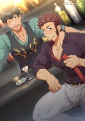 Rule 34 | 2boys, alternate costume, arash (fate), bar (place), bara, bartender, blue eyes, blush, bottle, brown hair, bulge, fate/grand order, fate (series), feet out of frame, kakenari, large pectorals, long sideburns, looking at viewer, male focus, multiple boys, muscular, muscular male, napoleon bonaparte (fate), necktie, one eye closed, pants, pectoral cleavage, pectorals, short hair, sideburns, smile, undone necktie, wine bottle