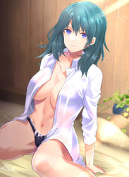 Rule 34 | 1girl, absurdres, arm support, black panties, blue eyes, blue hair, blurry, blurry background, bow, bow panties, breasts, byleth (female) (fire emblem), byleth (fire emblem), cleavage, collarbone, commentary request, feet out of frame, fire emblem, fire emblem: three houses, hair between eyes, highres, huleito, indoors, large breasts, light rays, long hair, long sleeves, looking at viewer, navel, nintendo, no bra, open clothes, open shirt, panties, plant, shirt, sitting, solo, stomach, underwear, wariza, white shirt
