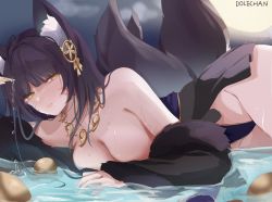 Rule 34 | 1girl, absurdres, animal ear fluff, animal ears, artist name, azur lane, bare shoulders, black hair, black kimono, breasts, cleavage, cup, dolechan, facial mark, fox ears, fox girl, fox tail, fur trim, groin, hair ornament, highres, japanese clothes, jewelry, kimono, kitsune, large breasts, long hair, looking at viewer, lying, magatama, magatama necklace, musashi (azur lane), necklace, off shoulder, on side, parted lips, sakazuki, solo, tail, very long hair, water, wet, yellow eyes