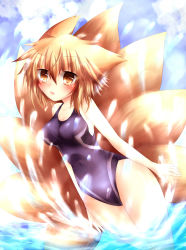 Rule 34 | 1girl, absurdres, animal ears, blonde hair, breasts, brown eyes, competition swimsuit, female focus, fox ears, fox tail, gradient background, highres, multiple tails, one-piece swimsuit, puyopika, solo, swimsuit, tail, touhou, yakumo ran