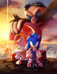 Rule 34 | 3boys, animal nose, blue eyes, chaosc0ntr0l, dr. eggman, electricity, facial hair, furry, furry male, glasses, gloves, goggles, goggles on head, green eyes, knuckles the echidna, male focus, movie poster, multiple boys, mustache, red footwear, reflection, shoes, sky, sneakers, sonic (live action), sonic (series), sonic the hedgehog, sonic the hedgehog 2 (film), tails (sonic), water, waterfall, white gloves