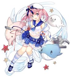Rule 34 | 1girl, :d, ahoge, animal, ascot, azur lane, bare shoulders, belt, blue sailor collar, blue skirt, blue socks, dolphin, fingerless gloves, full body, gloves, hat, jacket, kneehighs, lifebuoy, long hair, looking at viewer, mary janes, midriff, miniskirt, off shoulder, official alternate costume, official art, open clothes, open jacket, open mouth, pink hair, purple eyes, sailor collar, sailor hat, saratoga (azur lane), saratoga (superstar of the blue seas) (azur lane), saru, school uniform, seal (animal), serafuku, shirt, shoes, skirt, sleeveless, sleeveless shirt, smile, socks, solo, star (symbol), striped clothes, striped socks, studded belt, swim ring, tachi-e, transparent background, twintails, v-shaped eyebrows, whale, white gloves, white hat, white jacket, white shirt