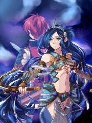 Rule 34 | 1boy, 1girl, adol christin, armor, bare shoulders, belt, blue eyes, blue hair, breasts, cowboy shot, dana (ys), elbow gloves, falcom, gloves, hair ornament, holding, holding sword, holding weapon, long hair, midriff, navel, open mouth, panties, pants, parted bangs, red hair, see-through, short hair, sky, small breasts, star (sky), starry sky, stomach, sword, thighhighs, underboob, underwear, very long hair, vest, weapon, ys, ys viii lacrimosa of dana