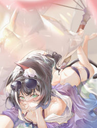 Rule 34 | 1girl, absurdres, animal ear fluff, animal ears, bare shoulders, barefoot, black hair, blurry, blurry background, blush, breasts, butt crack, cat ears, cat girl, cat tail, cleavage, collarbone, commentary, covering own mouth, eyewear on head, green eyes, hand up, highres, huge filesize, innertube, karyl (princess connect!), karyl (summer) (princess connect!), long hair, looking at viewer, lying, multicolored hair, no panties, official alternate costume, pola (1021), princess connect!, soles, solo, streaked hair, sunglasses, swim ring, tail, umbrella, wet, white hair