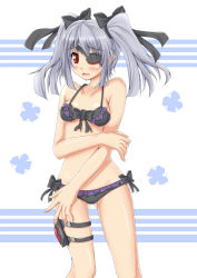 Rule 34 | 10s, 1girl, bare shoulders, bikini, blush, eyepatch, frilled bikini, frills, front-tie top, infinite stratos, laura bodewig, long hair, qy73, red eyes, shiny skin, side-tie bikini bottom, silver hair, skindentation, solo, swimsuit, thigh gap, thigh strap, twintails