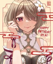 Rule 34 | 1girl, artist name, bare shoulders, breasts, brown hair, character name, china dress, chinese clothes, cleavage, closed mouth, dress, eiimei, flower, hair flower, hair ornament, hair over one eye, happy birthday, highres, honkai (series), honkai impact 3rd, lipstick, long hair, looking at viewer, makeup, mole, mole under eye, purple eyes, rita rossweisse, rita rossweisse (artemis), smile, solo, white flower