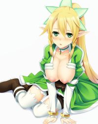 Rule 34 | 10s, 1girl, blonde hair, blush, breasts, cleavage, collarbone, elf, green eyes, highres, large breasts, leafa, long hair, nipples, outline, pointy ears, ponytail, sitting, smile, solo, sorano (12gou), sword art online, thighhighs, white thighhighs